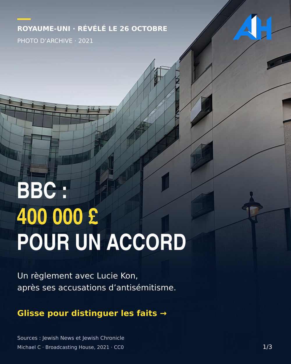 BBC Broadcasting House en 2021, photo d’archive de Michael C, CC0, titrage Am Israel Hai.