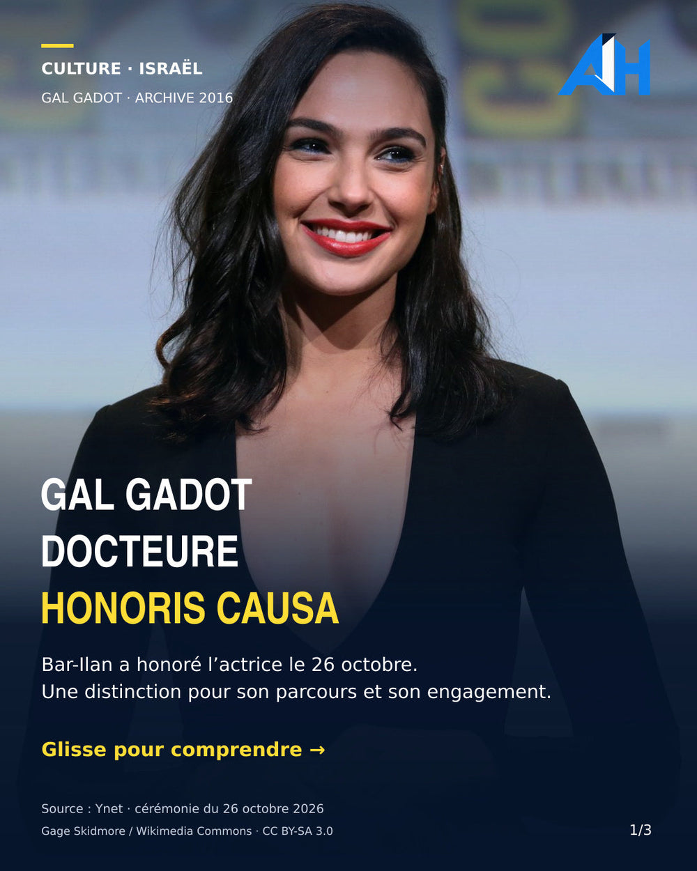 Gal Gadot, doctorat honoris causa de Bar-Ilan. Portrait d’archive 2016, pas de la cérémonie.
