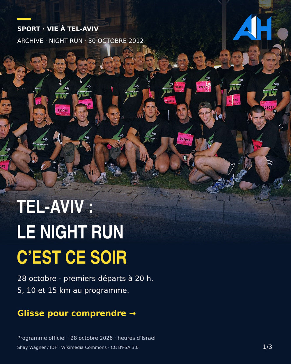 Night Run de Tel-Aviv prévu le 28 octobre 2026. Photo d’archive clairement datée du 30 octobre 2012 : participants de la brigade Nahal, Shay Wagner / IDF, CC BY-SA 3.0.