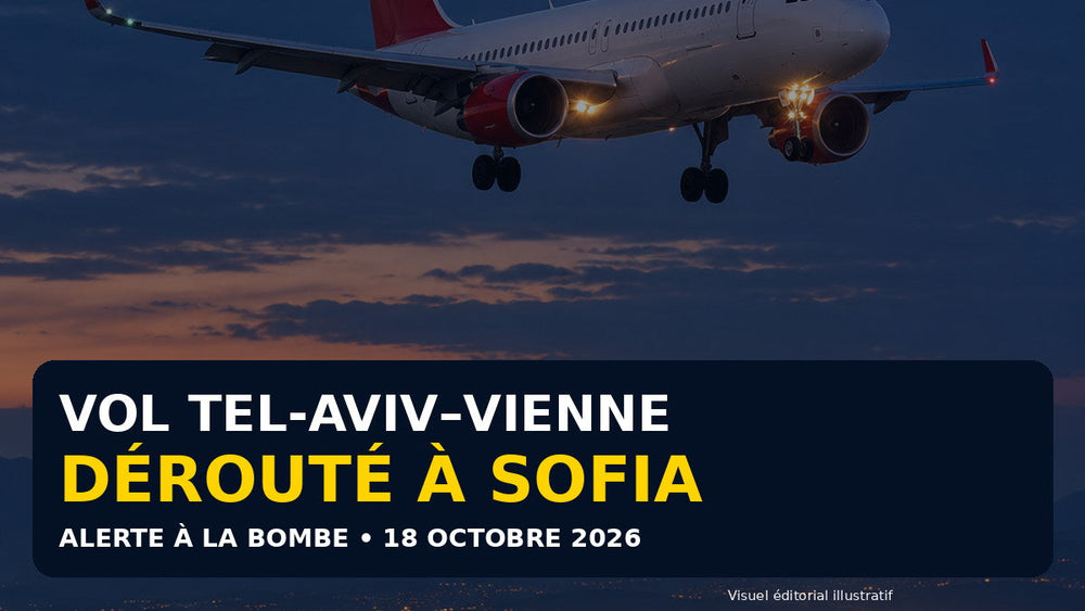 Illustration éditoriale d’un vol Tel-Aviv–Vienne dérouté vers Sofia le 18 octobre 2026