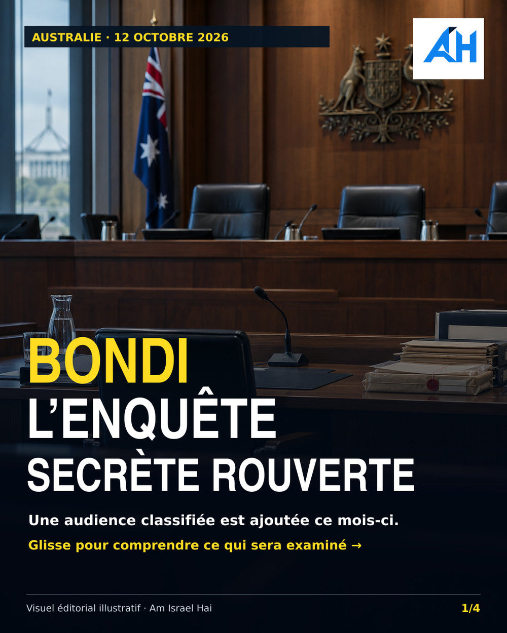 Australie : audience classifiée de la commission royale sur Bondi — visuel éditorial illustratif