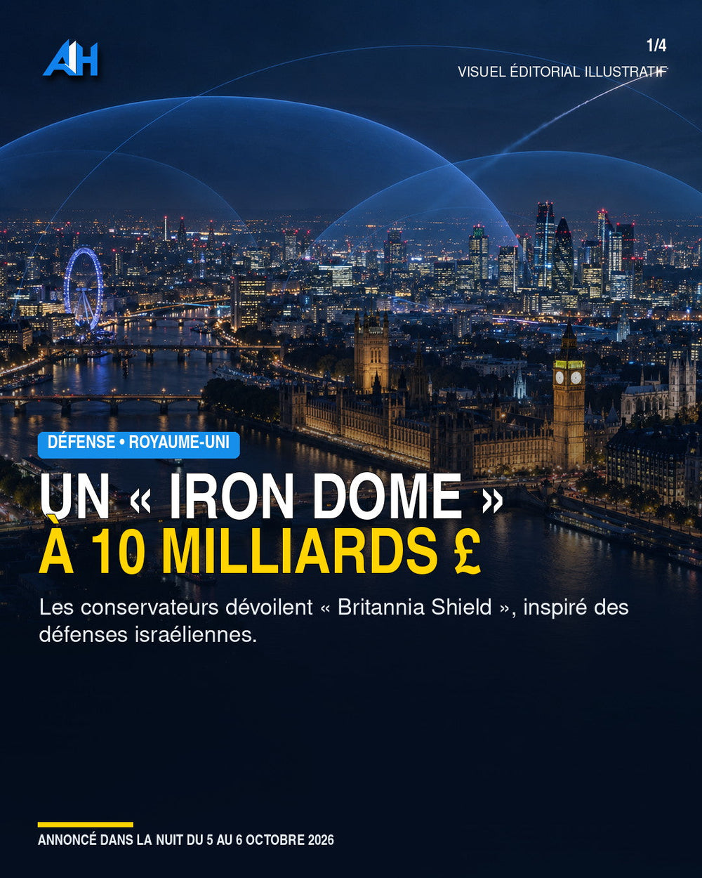 Londres sous un bouclier antimissile illustratif — Britannia Shield, visuel éditorial illustratif