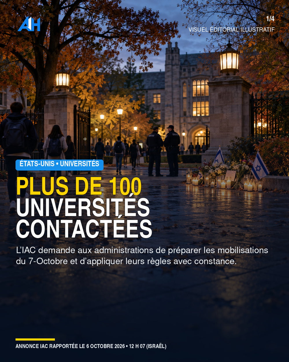 Campus universitaire américain à la veille des commémorations du 7-Octobre — visuel éditorial illustratif