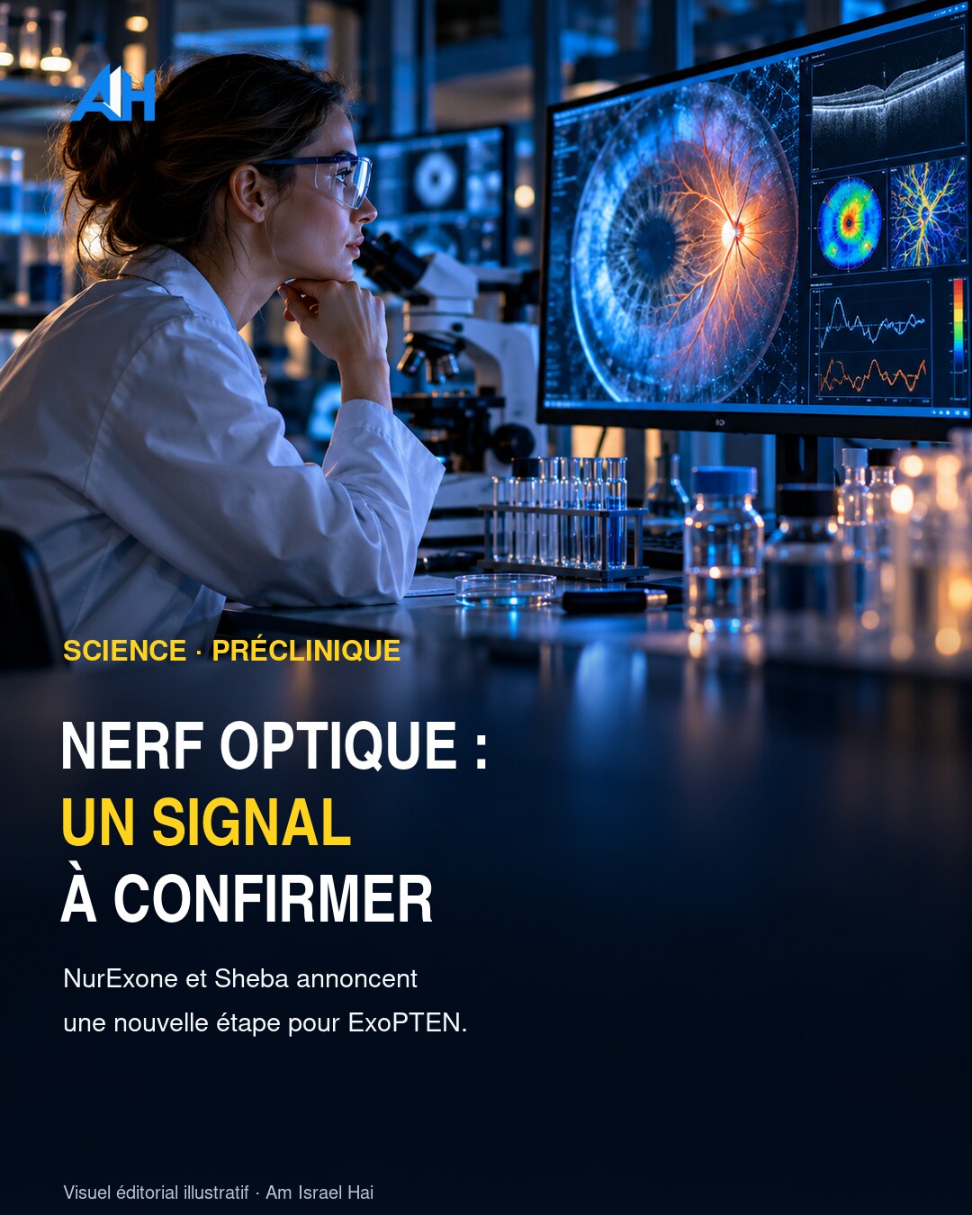 NurExone et Sheba, étape préclinique sur le nerf optique — visuel éditorial illustratif