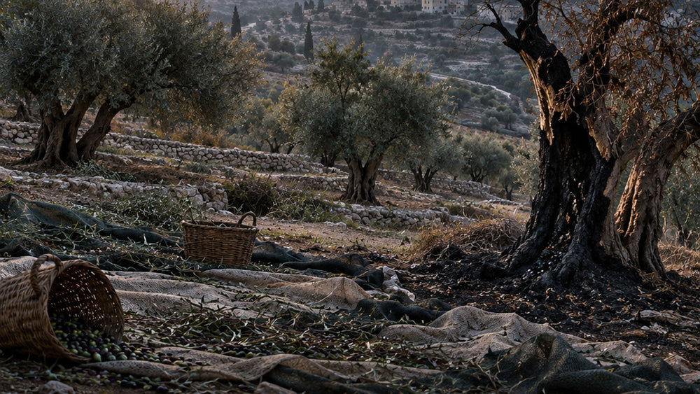 Oliviers près de Ramallah après un incendie — visuel éditorial illustratif