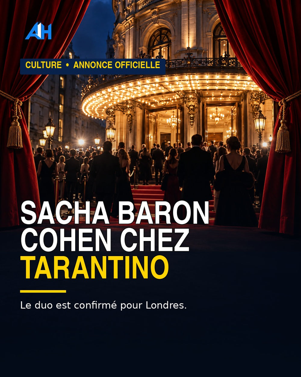 Sacha Baron Cohen chez Quentin Tarantino à Londres — visuel éditorial illustratif
