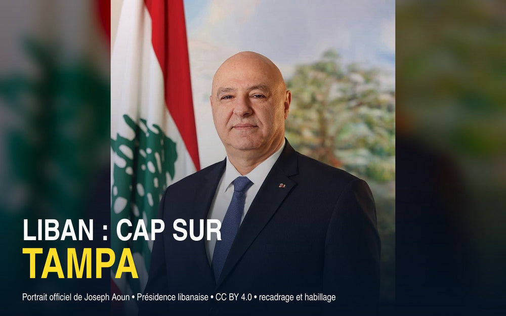 Joseph Aoun devant le drapeau libanais — réunion militaire tripartite annoncée à Tampa