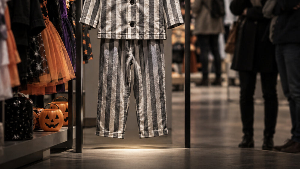Costume rayé exposé dans une boutique, illustration éditoriale