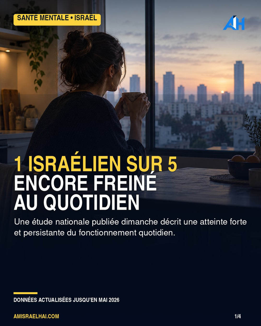 Santé mentale en Israël : une jeune femme regarde Tel-Aviv à l’aube — visuel éditorial illustratif
