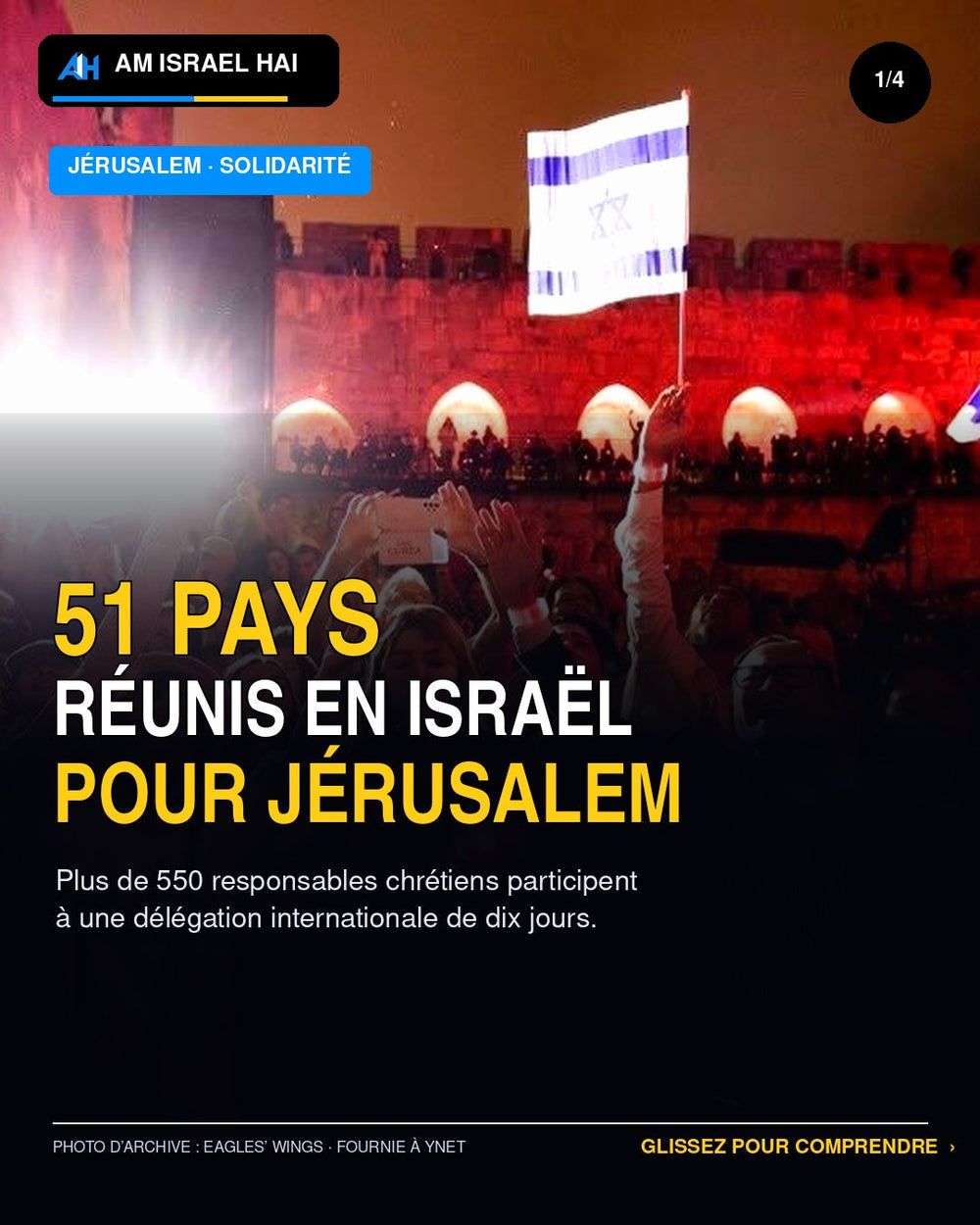 À Jérusalem, un rassemblement de solidarité avec des drapeaux israéliens devant la Tour de David