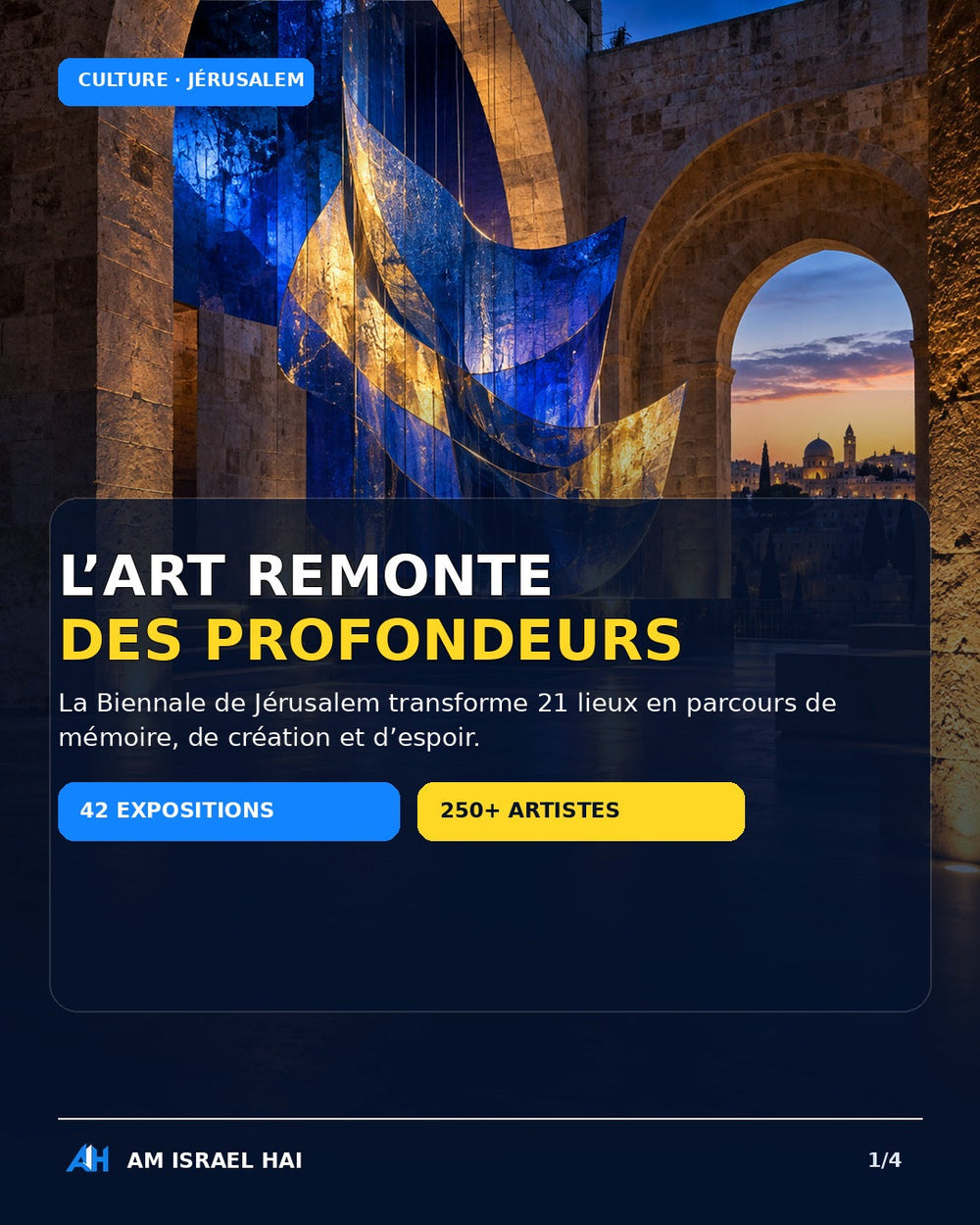 Illustration éditoriale de la Biennale de Jérusalem 2026, entre art contemporain, pierre de Jérusalem et lumière