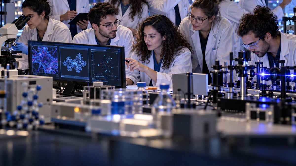 Onze jeunes chercheurs israéliens réunis dans un laboratoire — visuel éditorial illustratif