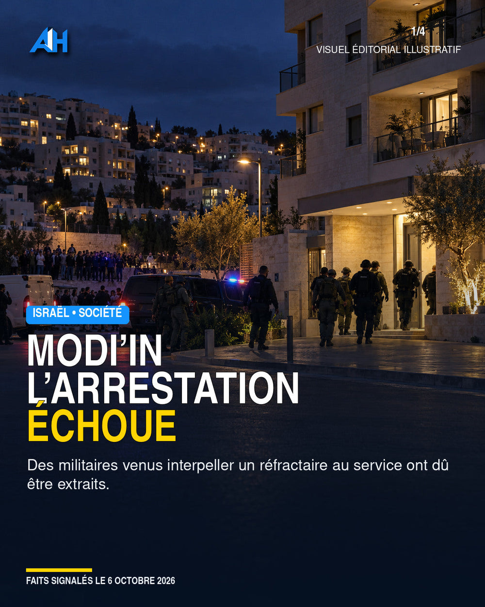 Modi’in : tentative d’arrestation d’un réfractaire haredi — visuel éditorial illustratif Am Israel Hai
