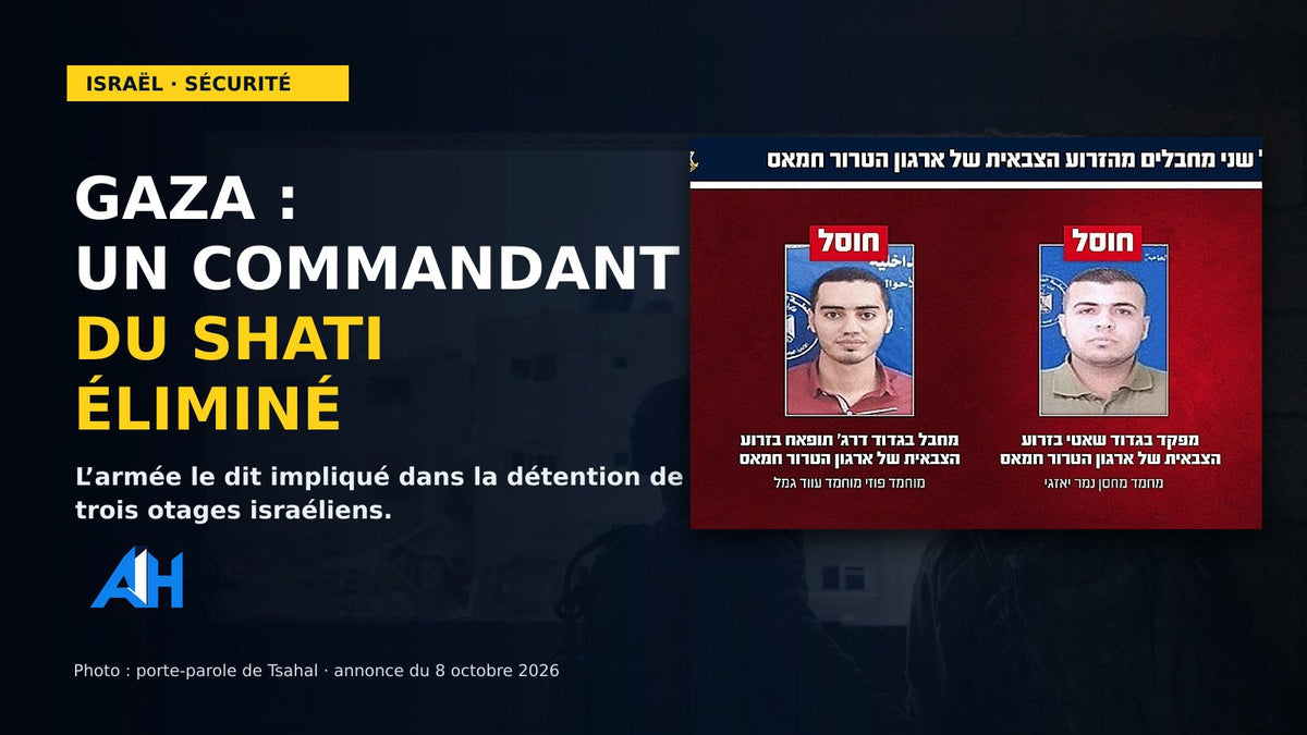 Gaza : Israël annonce l’élimination d’un commandant du Shati impliqué dans la détention de trois otages