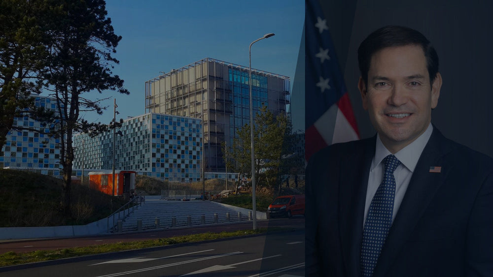 Le siège de la Cour pénale internationale et Marco Rubio, le 9 octobre 2026