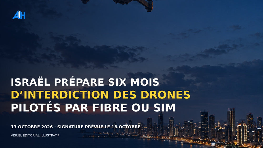 Israël prépare six mois d’interdiction des drones pilotés par fibre ou carte SIM — visuel éditorial illustratif