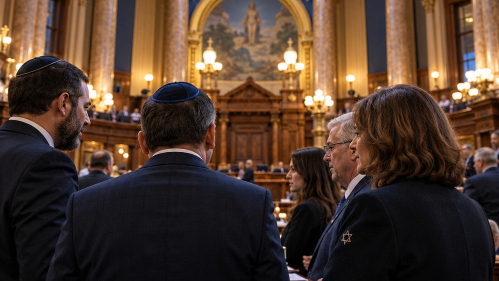 Législateurs et représentants juifs dans un capitole américain — visuel éditorial illustratif