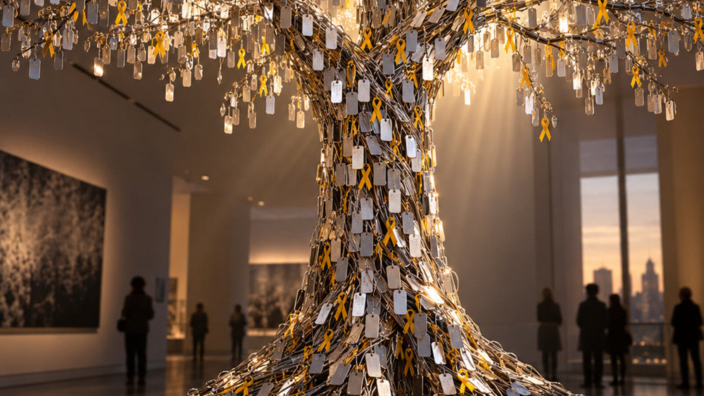 Arbre de plaques et rubans évoquant la mémoire du 7-Octobre — visuel éditorial illustratif