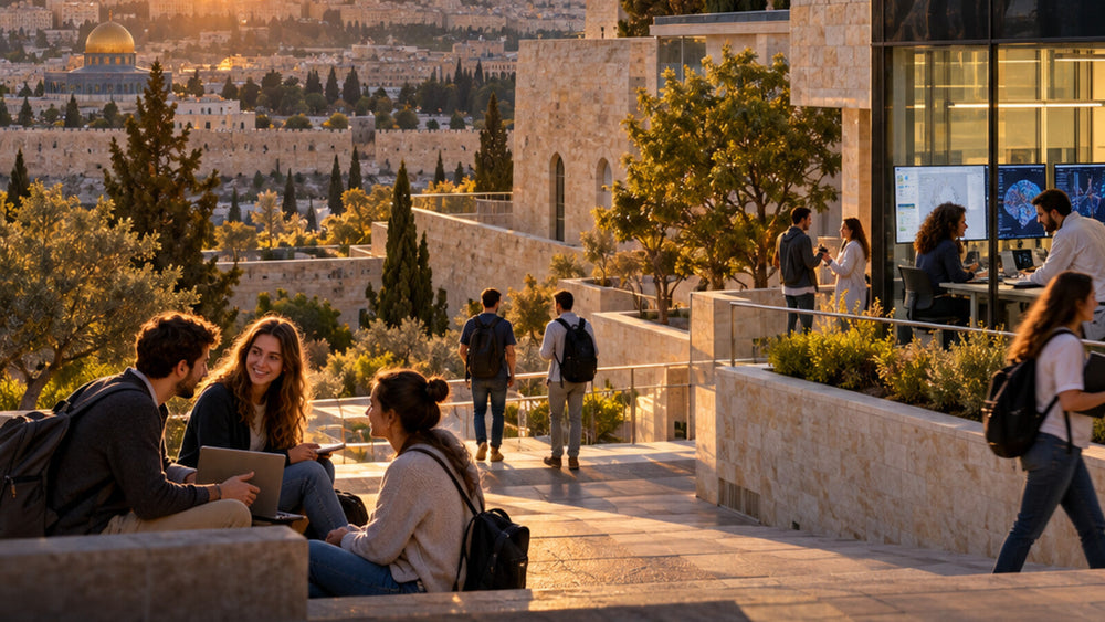 Campus universitaire à Jérusalem au lever du soleil — visuel éditorial illustratif