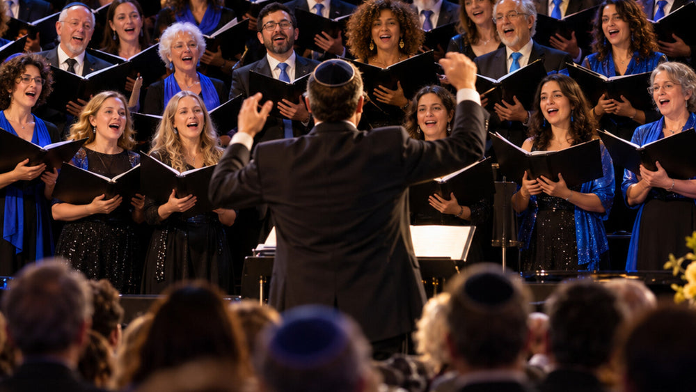 Festival choral juif réunissant des chanteurs de plusieurs continents — visuel éditorial illustratif