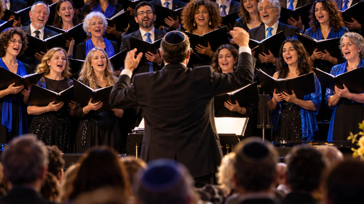 Festival choral juif réunissant des chanteurs de plusieurs continents — visuel éditorial illustratif
